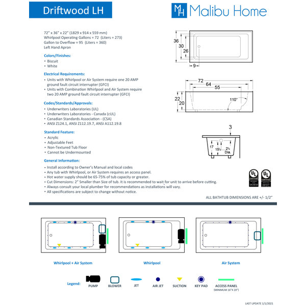 Malibu Home 72" x 36" Alcove/Tile in Soaking Acrylic Bathtub Wayfair